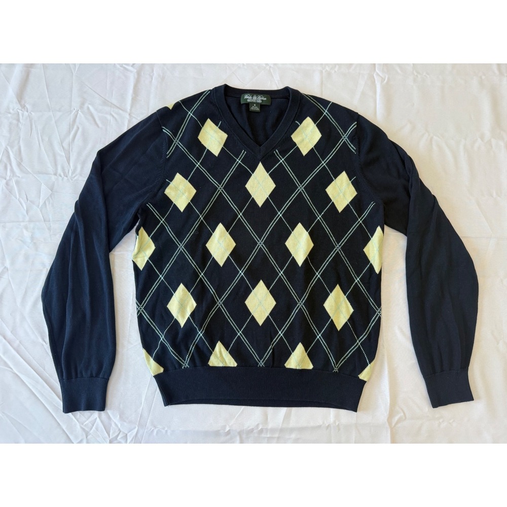Brooks Brothers Argyle V-Neck Sweater Mens M Navy Preppy Silk Cotton wo Office k
